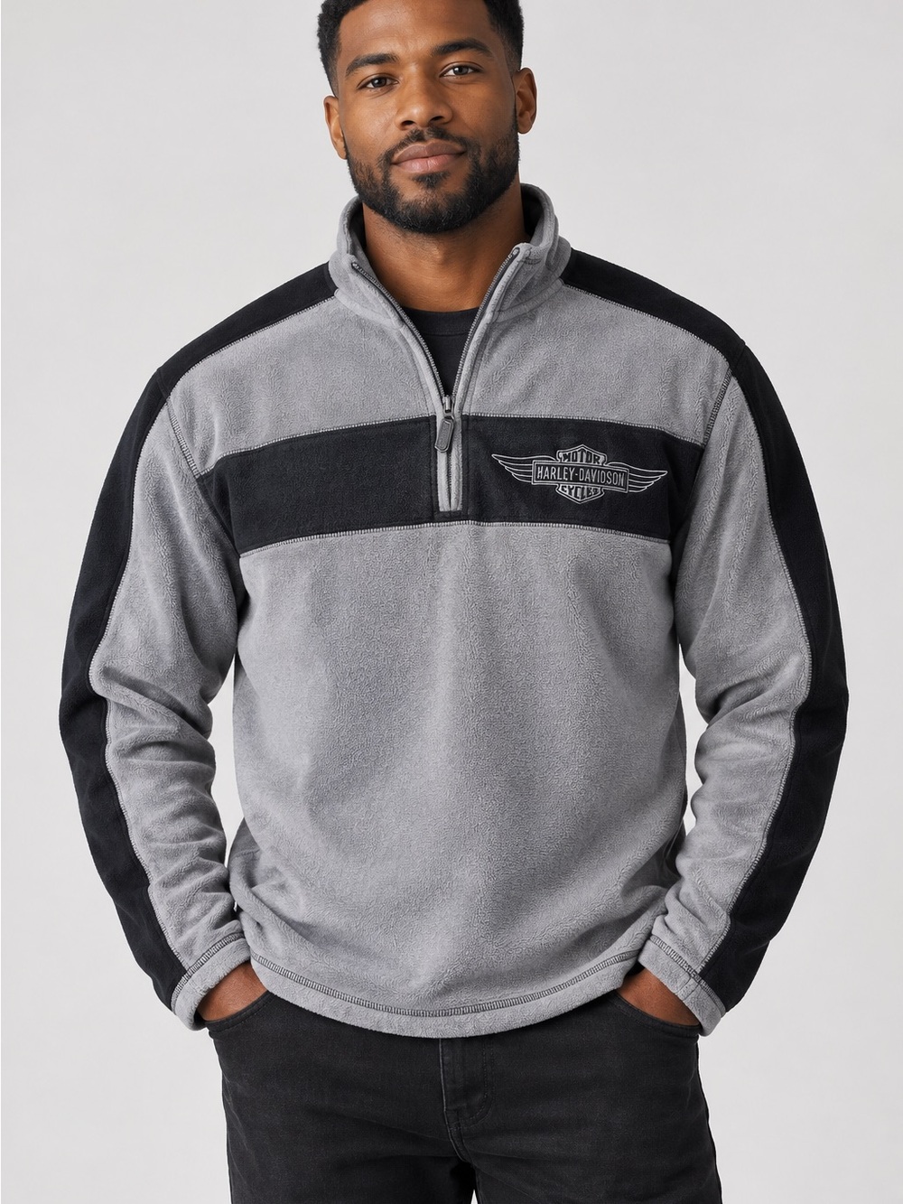 Harley-Davidson Gray and Black Quarter-Zip Fleece Pullover
